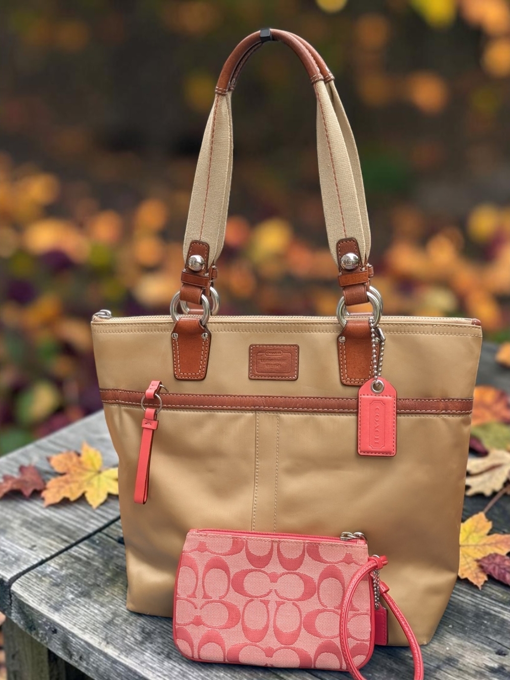 Coach Poppy 17745 Tan Nylon Tote Watermelon Pink Wristlet Set